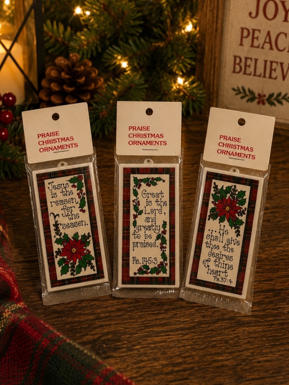Vtg Christian Craft Praise Christmas Ornaments 3pc 2-Sided Bible Verse Plastic